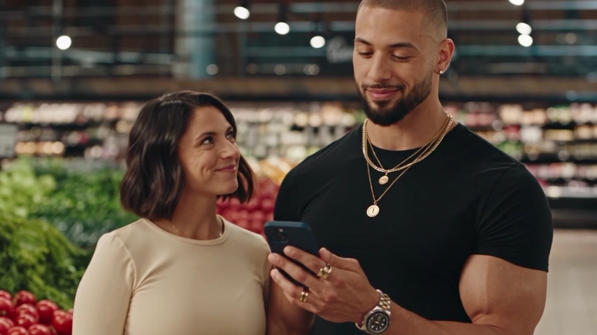The woman smiles at the man as they look at his phone together